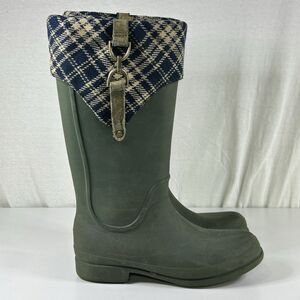 Crocs Bridle Wellington Green Rain Boots Women's Size 9 Plaid Cuff Buckle